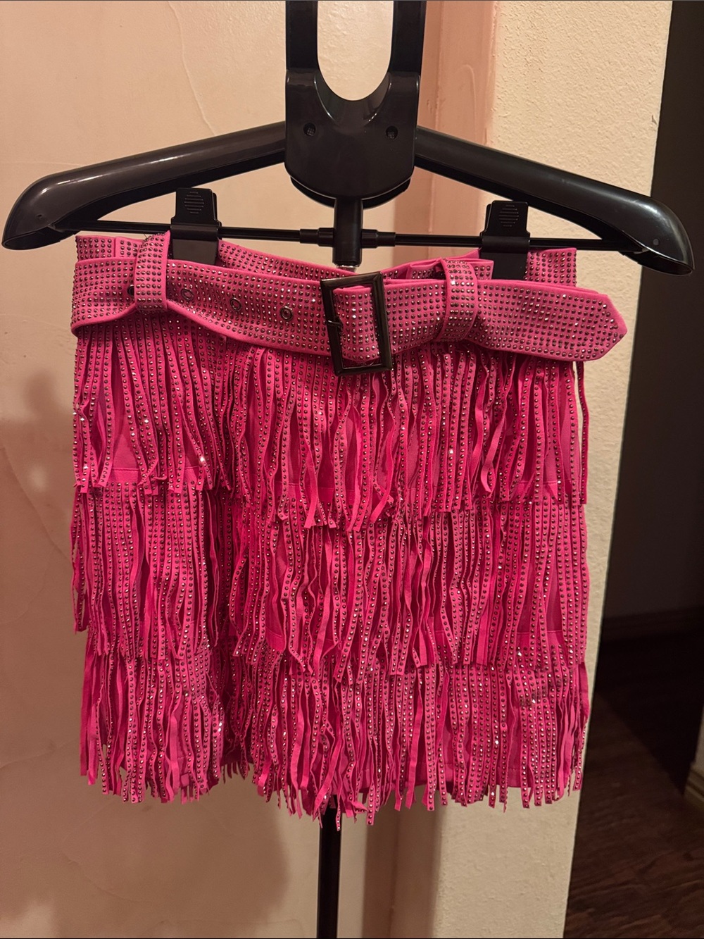 Hot Pink Fringed Mini Skirt with Studded Belt